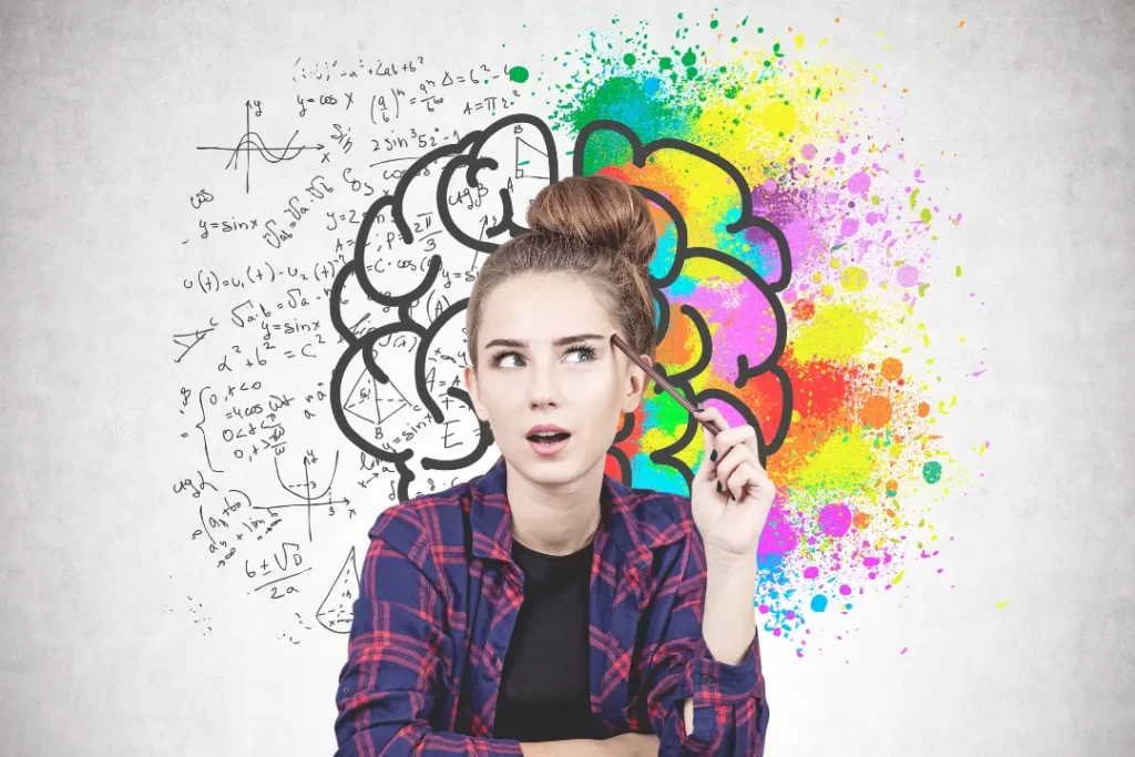 Young girl thinking with brain image in her background.