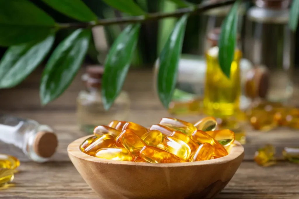 natural supplement on wooden bowl