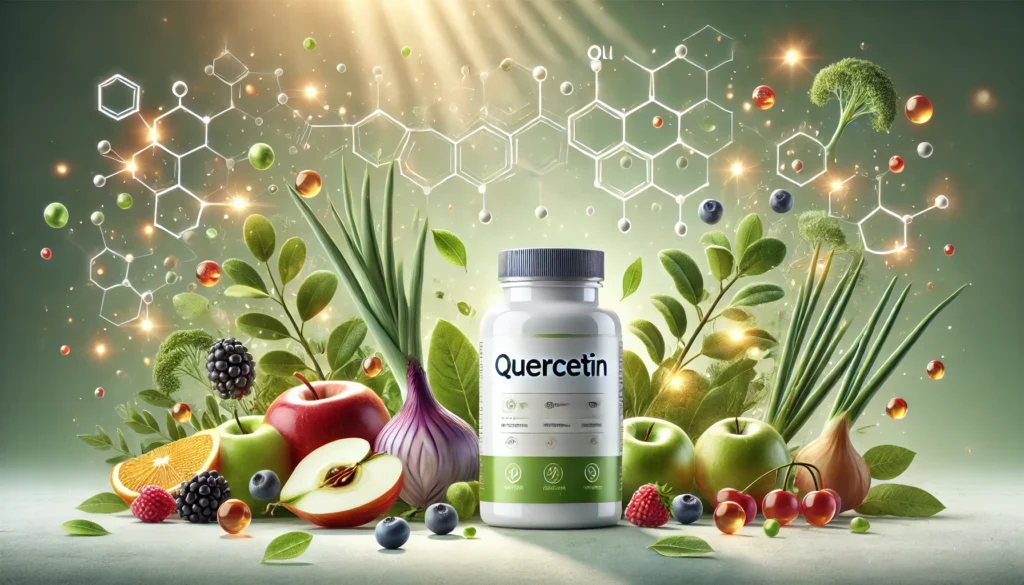 Quercetin, a natural antioxidant, in a health and scientific context.